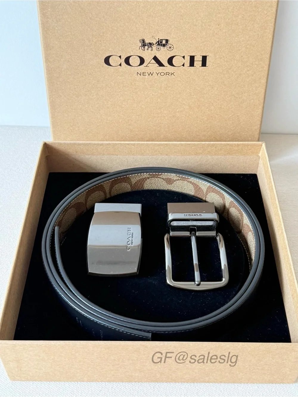 Price Is Firm NWT Coach Boxed Reversible Signature Belt Black Khaki Cut To Size